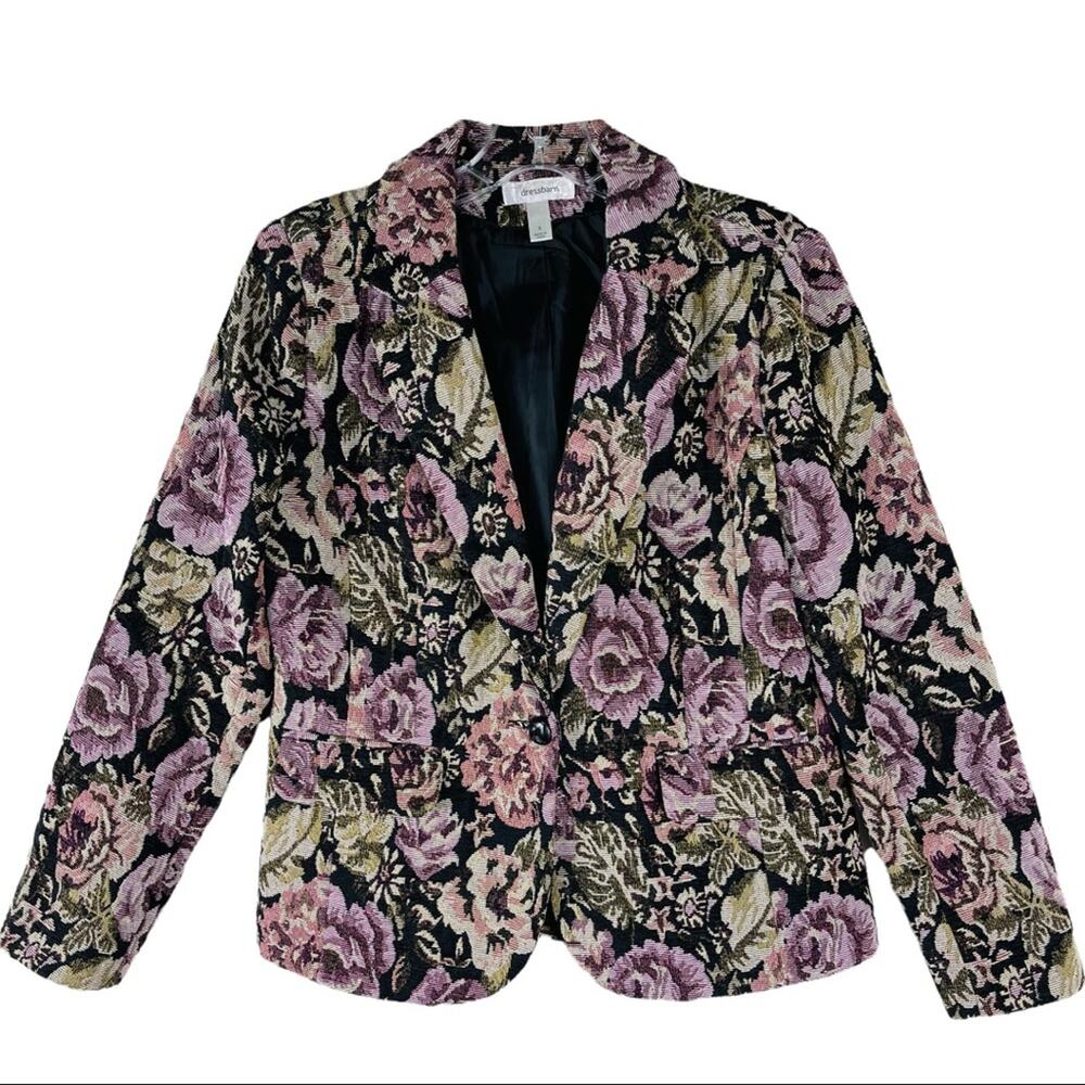Dressbarn purple black roses floral tapestry button Victorian blazer small